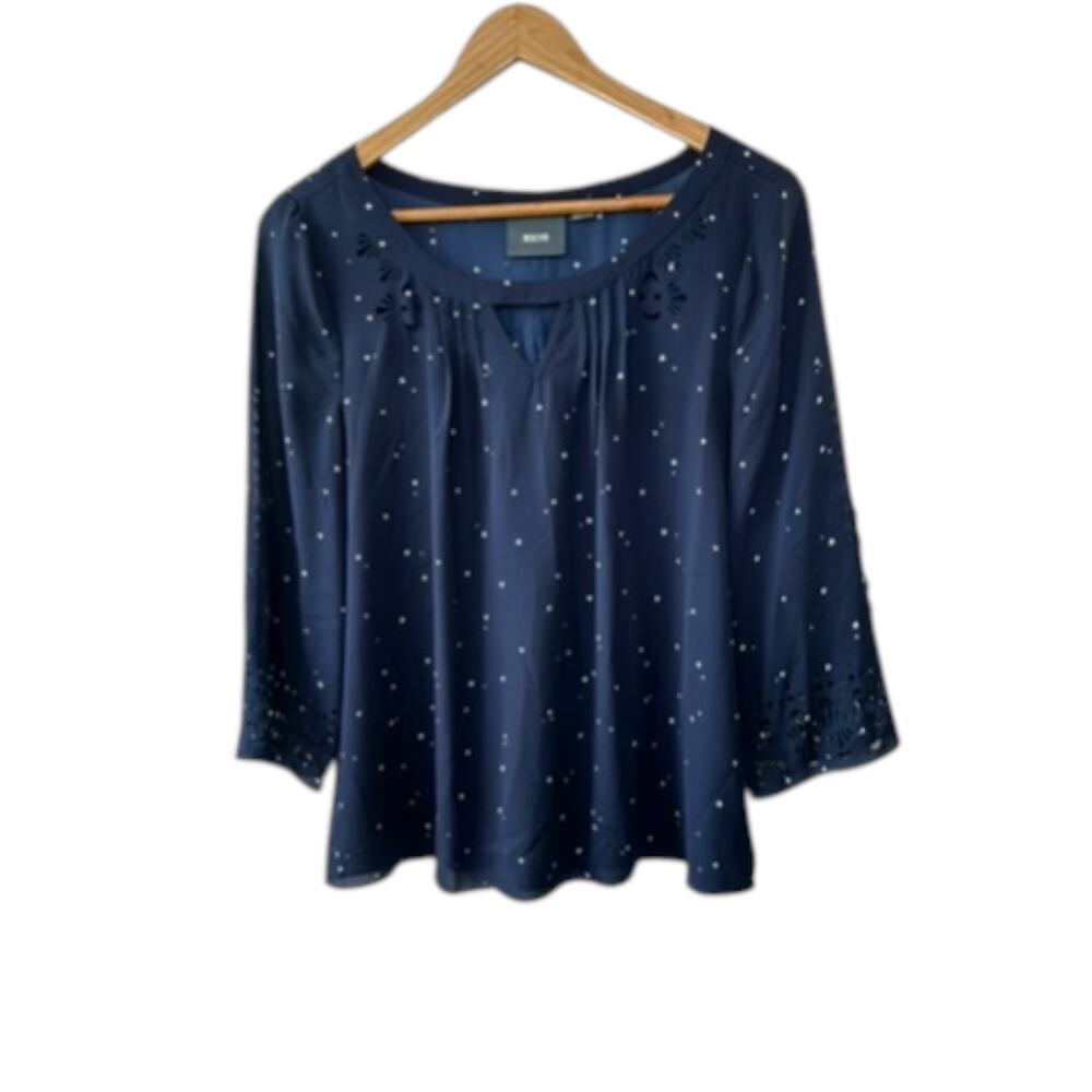 Anthropologie Maeve Teni Star Print Laser Cut Keyhole Top Blouse Navy Blue Sz 8